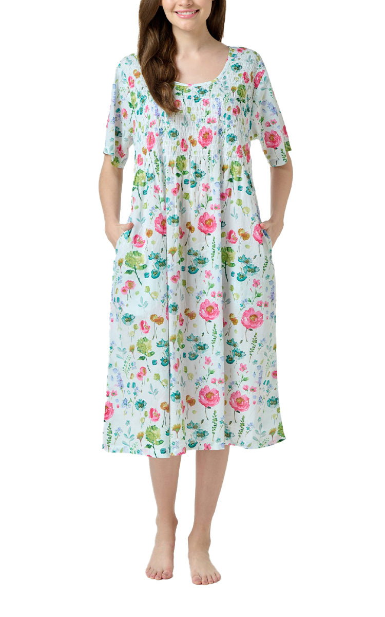 Woman wearing cotton floral sundress arabella australia