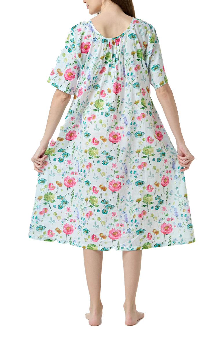 Woman wearing cotton floral sundress arabella australia