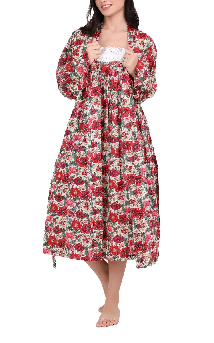 Arabella Sonia 100% Cotton Long Sleeve Robe in Red Vibrant Floral MD-75F4