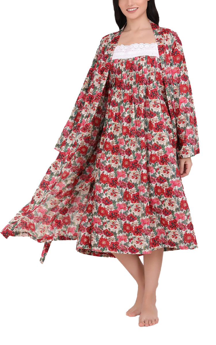 Arabella Sonia 100% Cotton Long Sleeve Robe in Red Vibrant Floral MD-75F4