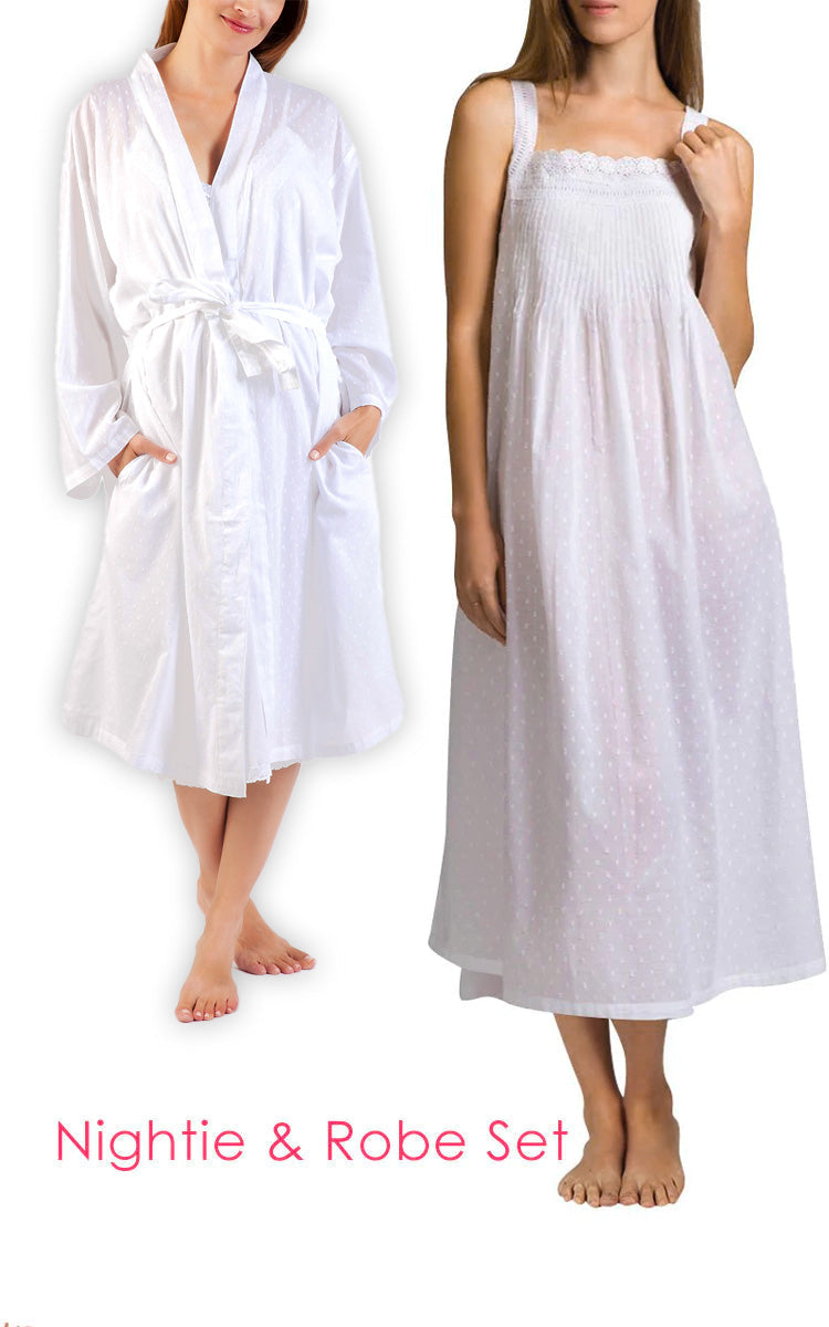 Arabella MATCHING SET Sonia Robe and Josie Nightie in White Hailspot MD-1 and MD-74 (L -2XL)