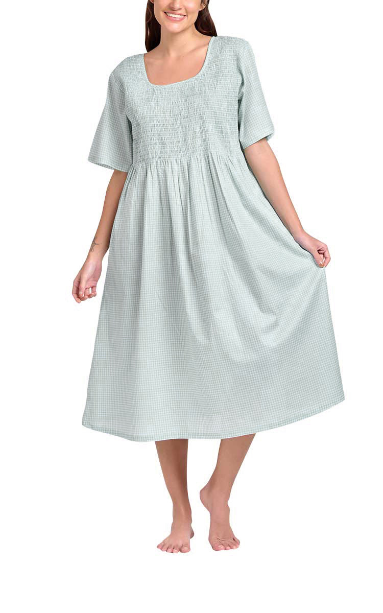 Arabella Angelina 100% Cotton Short Sleeve Nightgown in Mint Gingham MD-83CB