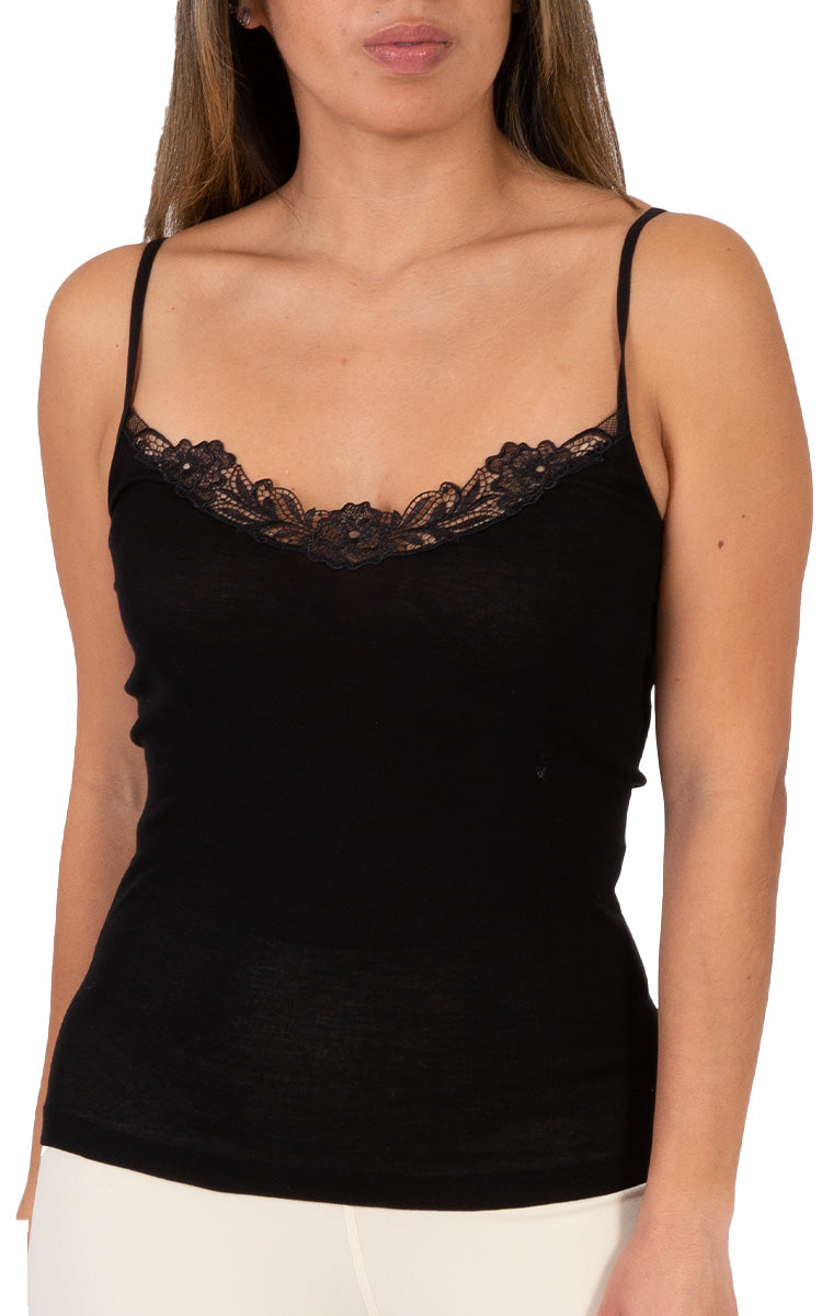 Emmebivi 100% Filoscozia® Cotton Camisole With Lace Trim In Black 12311