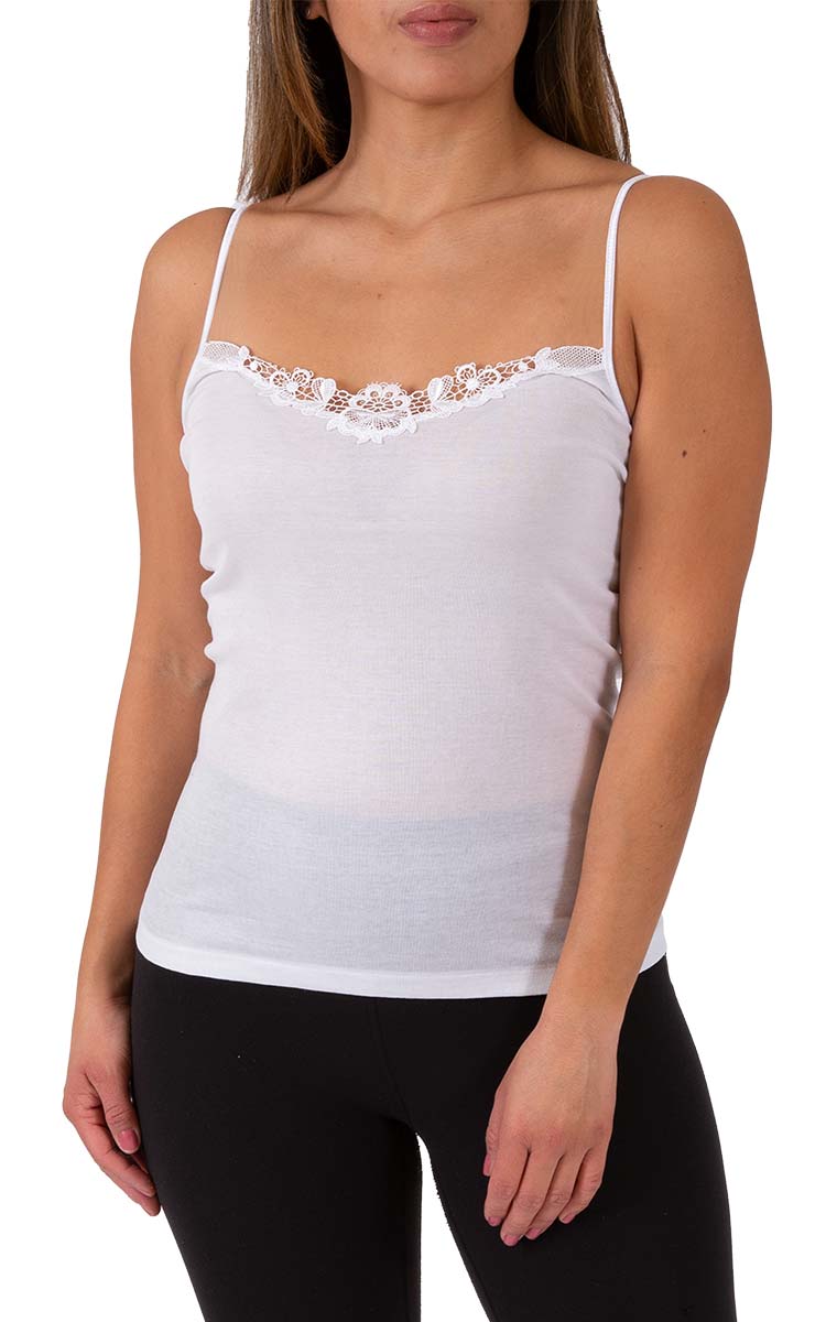 Emmebivi 100% Filoscozia® Cotton Camisole With Lace Trim in White 12311