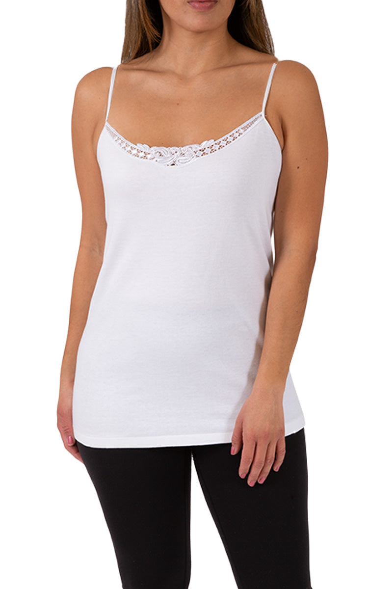 Emmebivi 100% Cotton Camisole Thermal with Lace Trim in White 33011