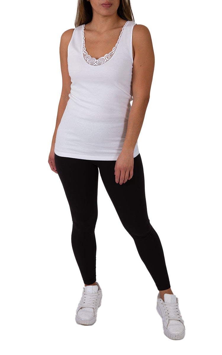 Emmebivi 100% Cotton Singlet Thermal with Lace Trim in White 33012