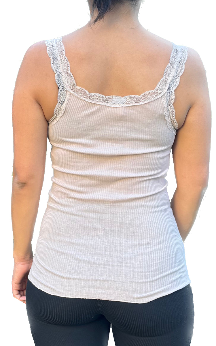 Emmebivi 100% Cotton Singlet With Lace Trim in Nude 44399