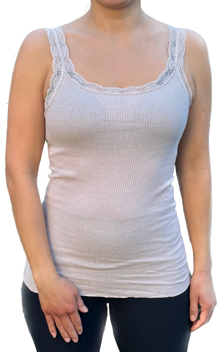 Emmebivi 100% Cotton Singlet With Lace Trim in Nude 44399