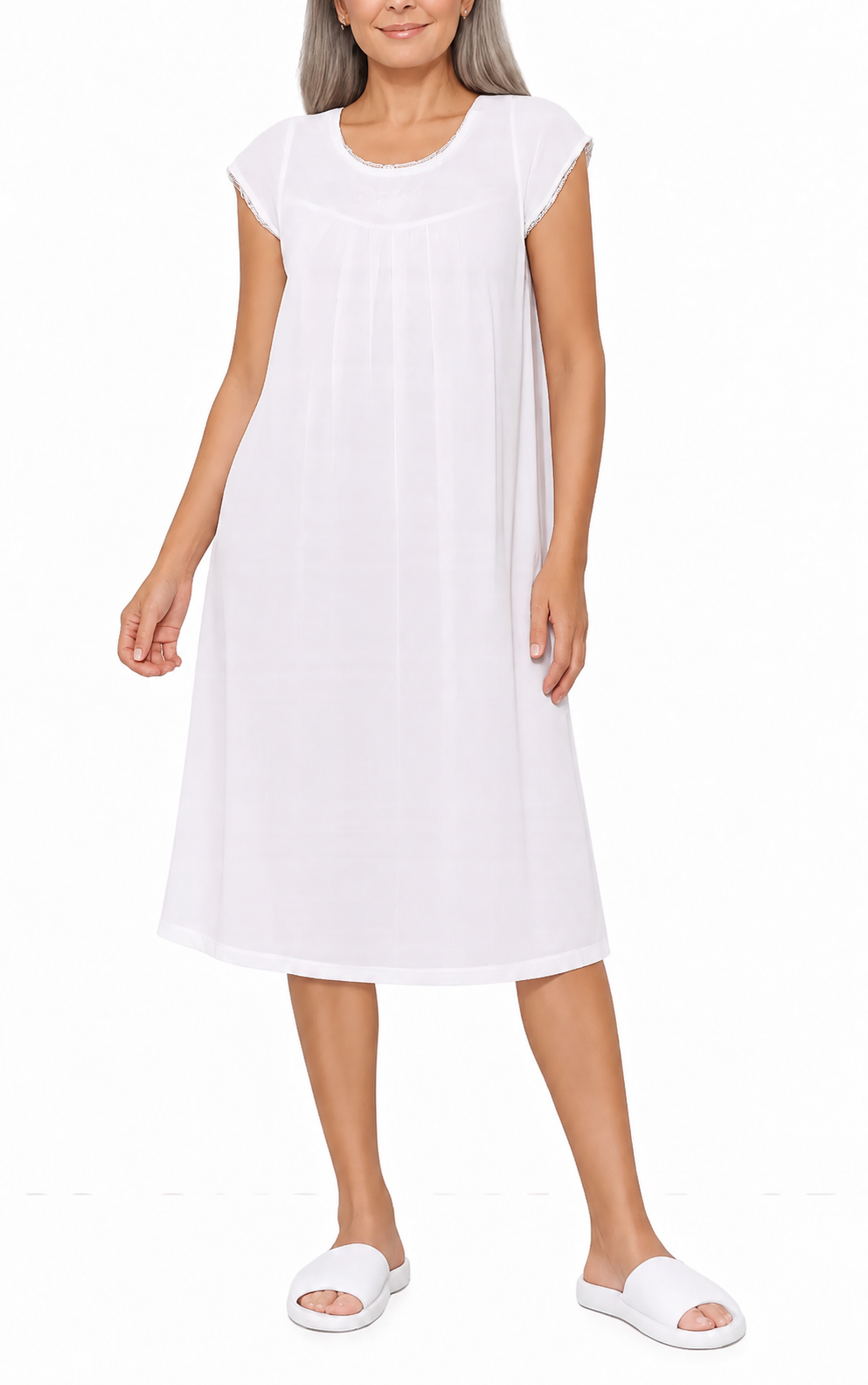 French Country 100% Cotton Voile Nightgown with Cap Sleeve in White FCD192