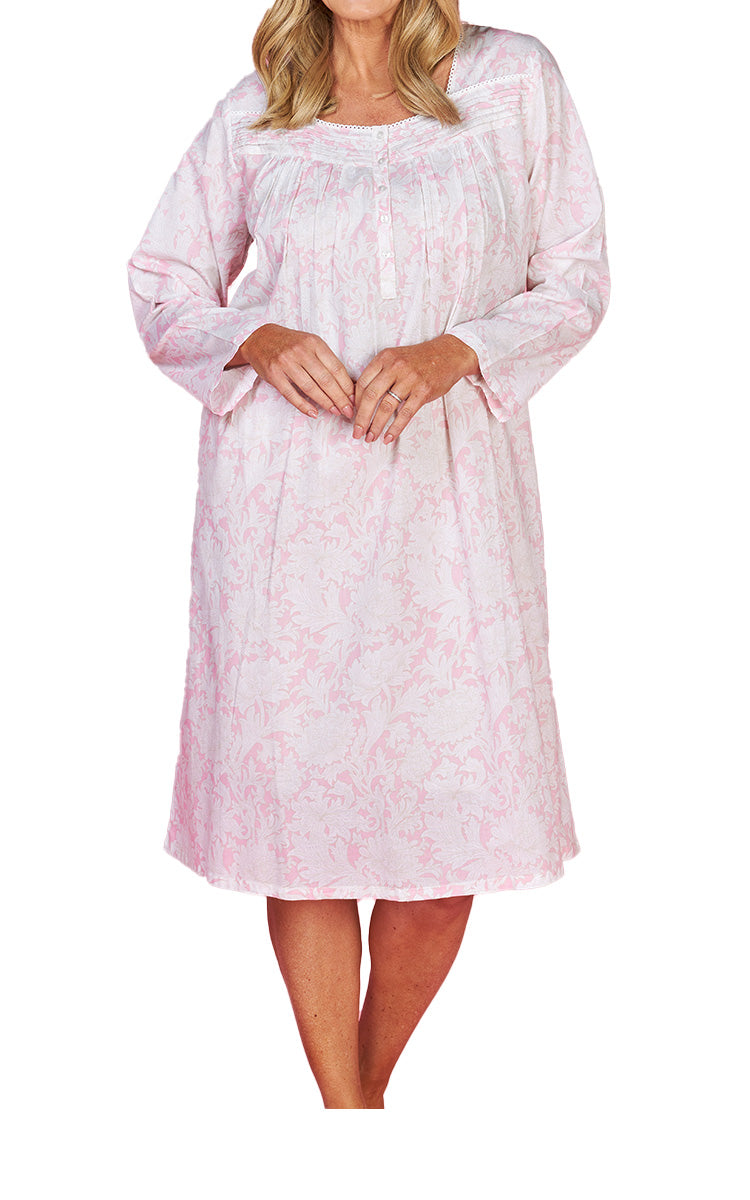 French Country 100% Cotton Nightgown with Long Sleeve in Toile Roses Pink FCC461