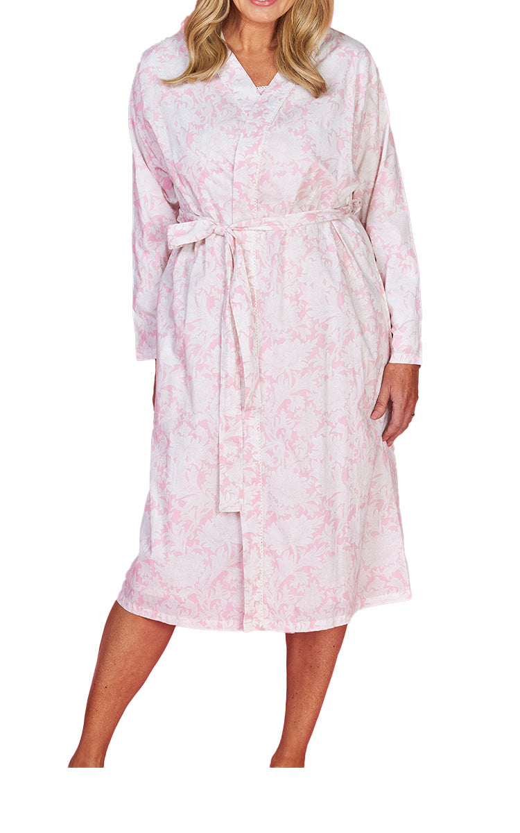 French Country 100% Cotton Robe with Long Sleeve in Toile Roses Pink FCC464