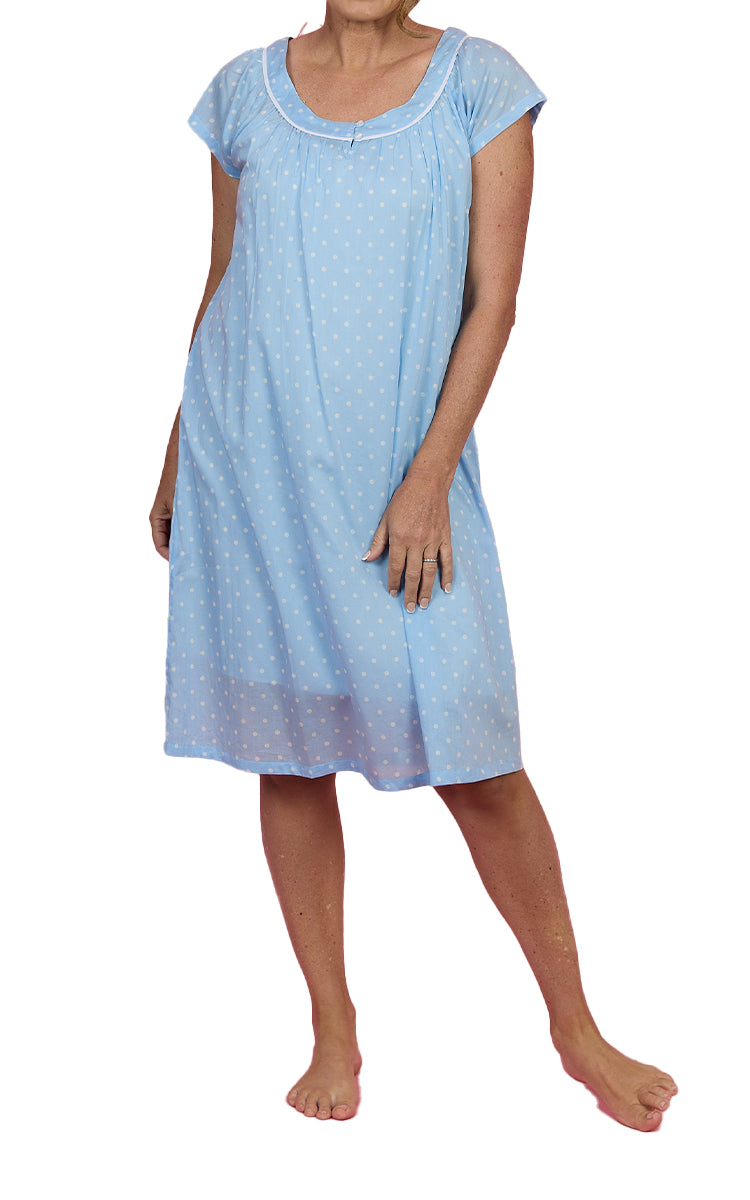 French Country Blue Polka Dot 100% Cotton Nightgown with Cap Sleeve FCF612V