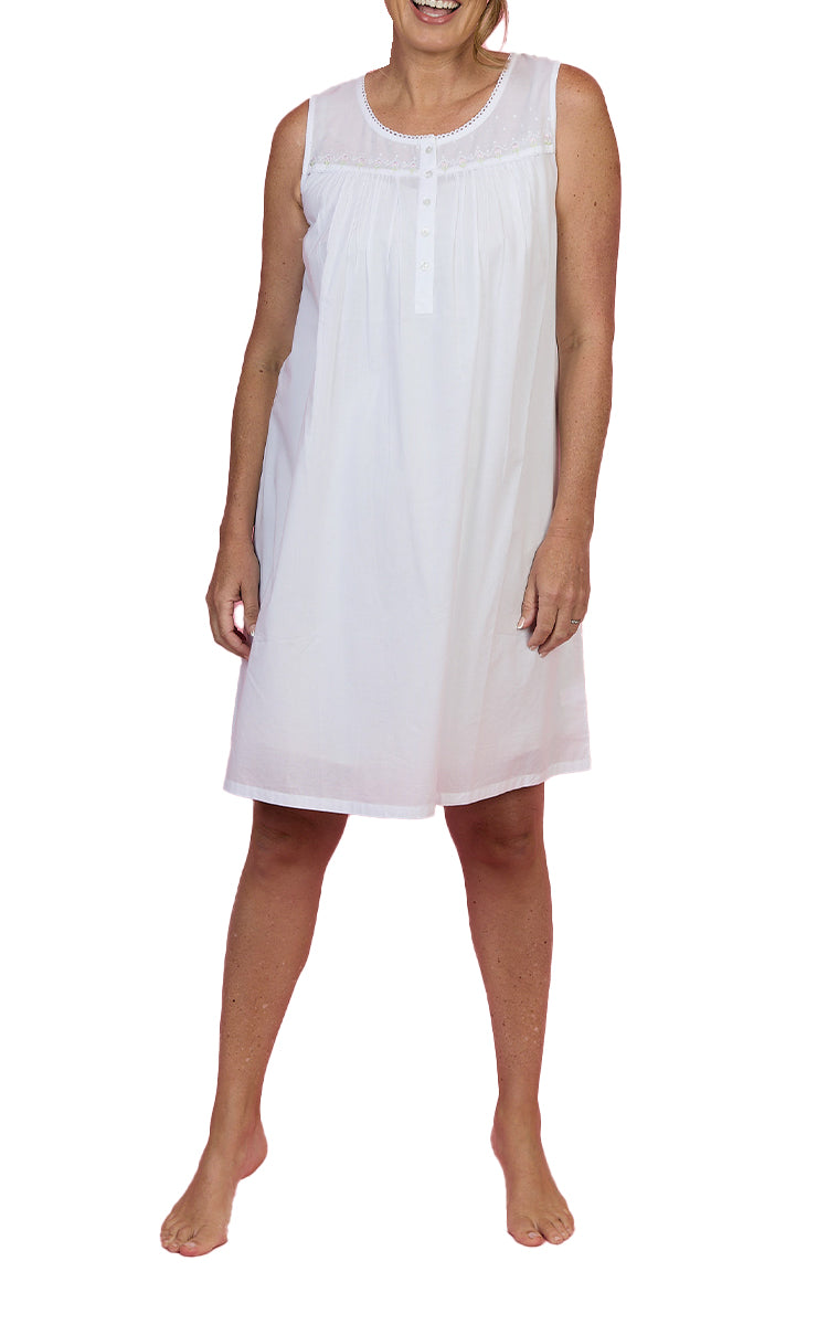 French Country 100% Cotton Nightgown Sleeveless in White FCF626