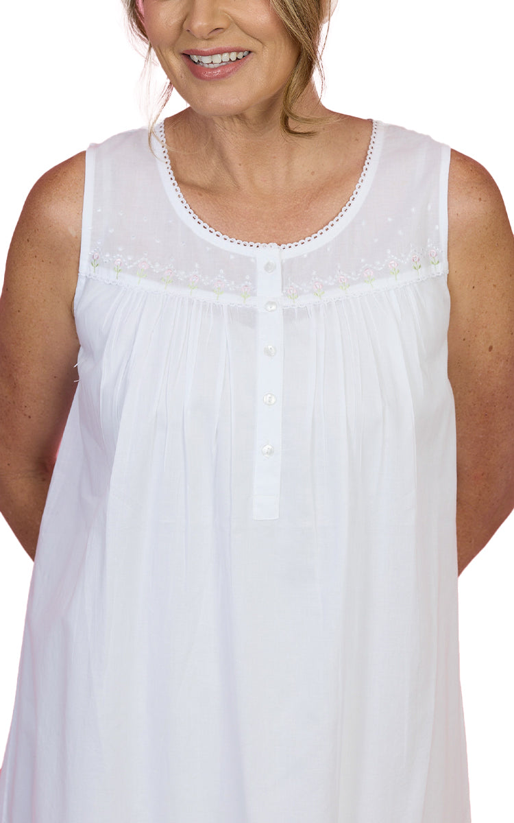 French Country 100% Cotton Nightgown Sleeveless in White FCF626