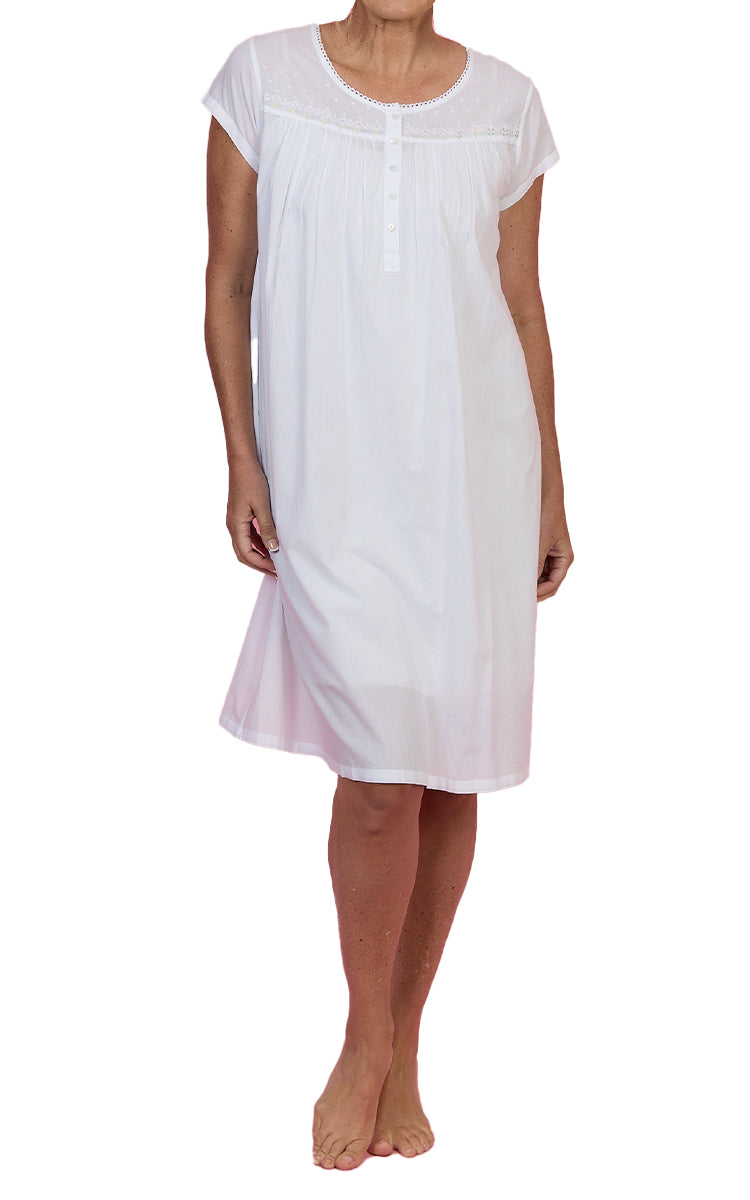 French Country 100% Cotton Nightgown with Cap Sleeve in White FCF627