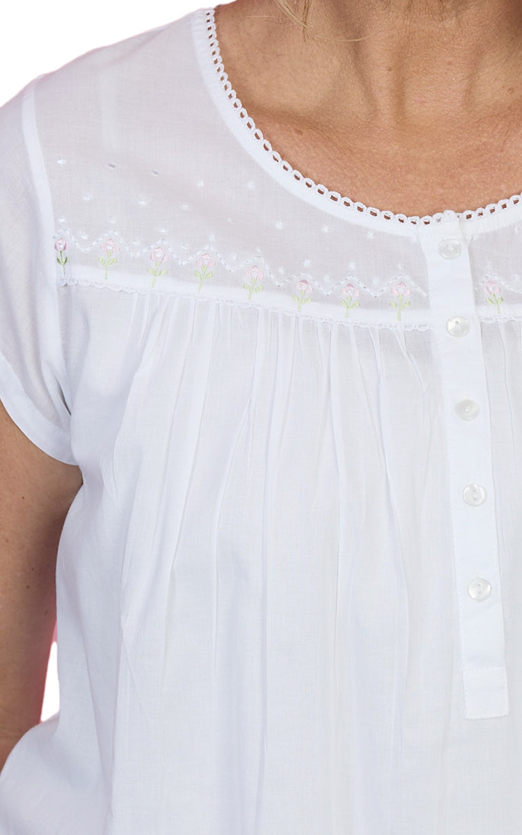 French Country 100% Cotton Nightgown with Cap Sleeve in White FCF627