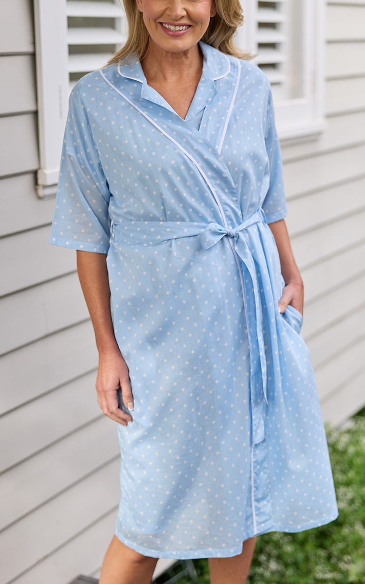 French Country 100% Cotton Robe with Short Sleeve in Polka Dot Blue FCF614V