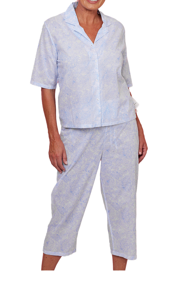 French Country 100% Cotton Pyjama with Short Sleeve In Blue French Toile FCD140