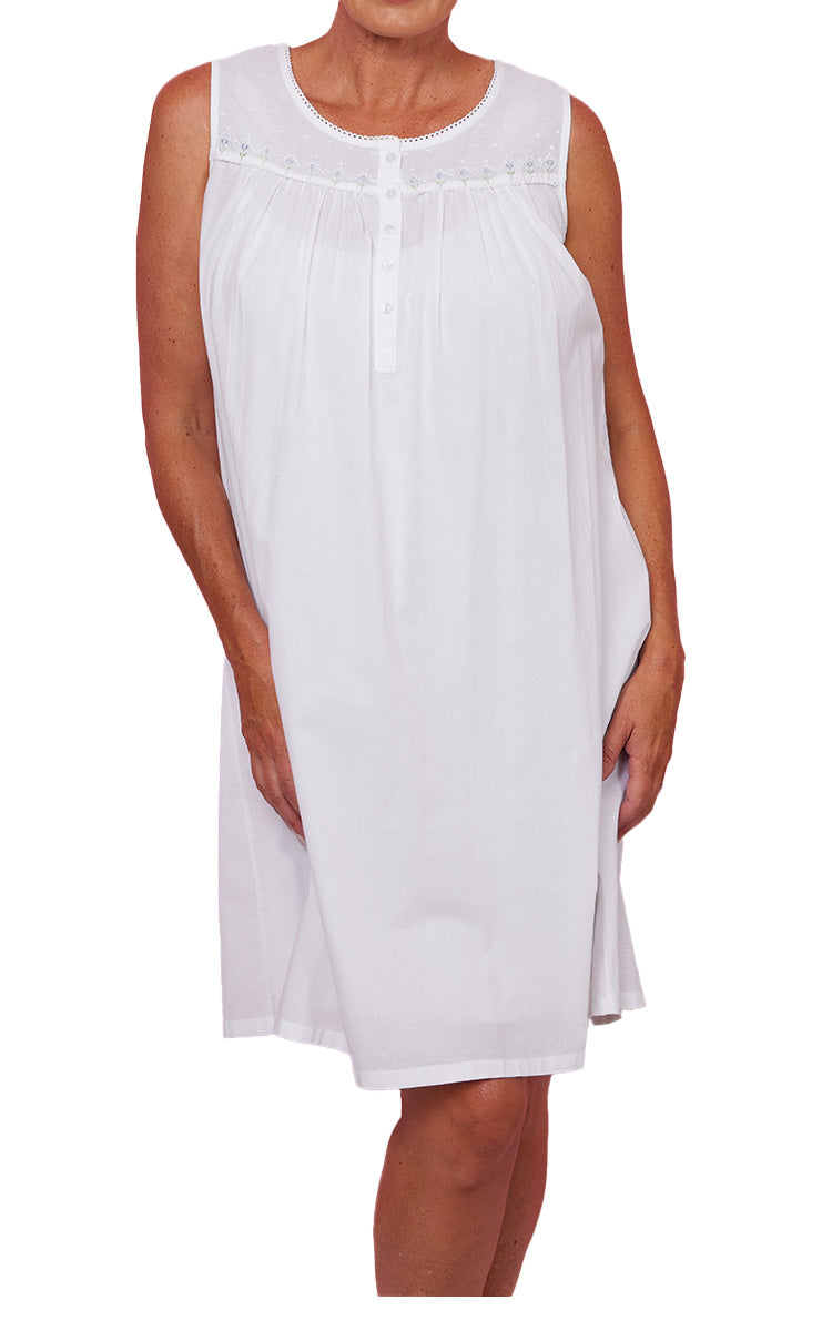 French Country 100% Cotton Nightgown Sleeveless in White FCD141