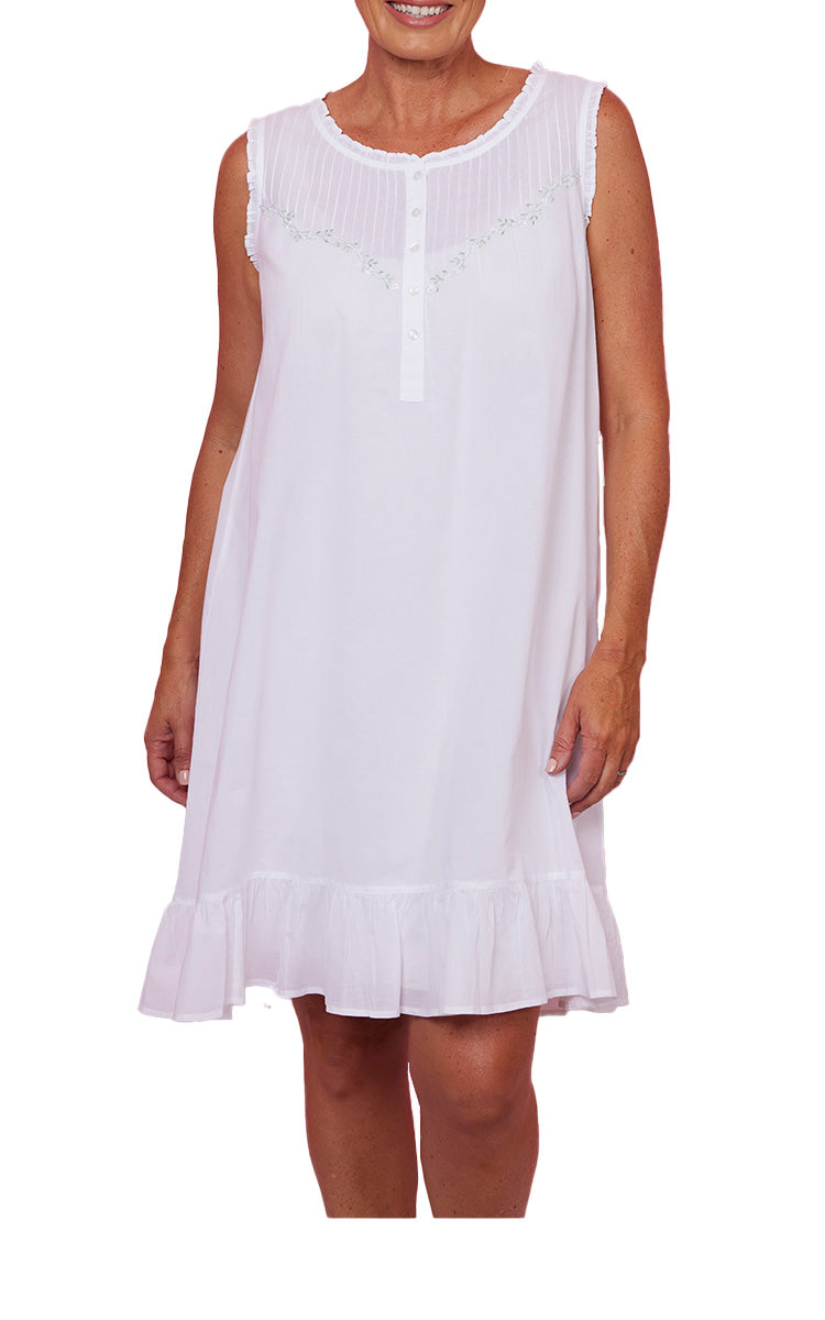 French Country 100% Cotton Nightgown Sleeveless in White FCD166