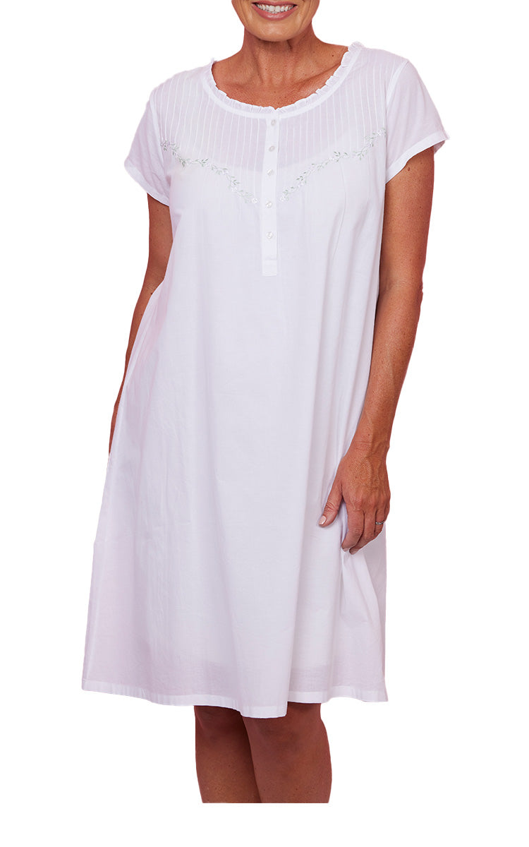 French Country 100% Cotton Nightgown with Cap Sleeve in White FCD167