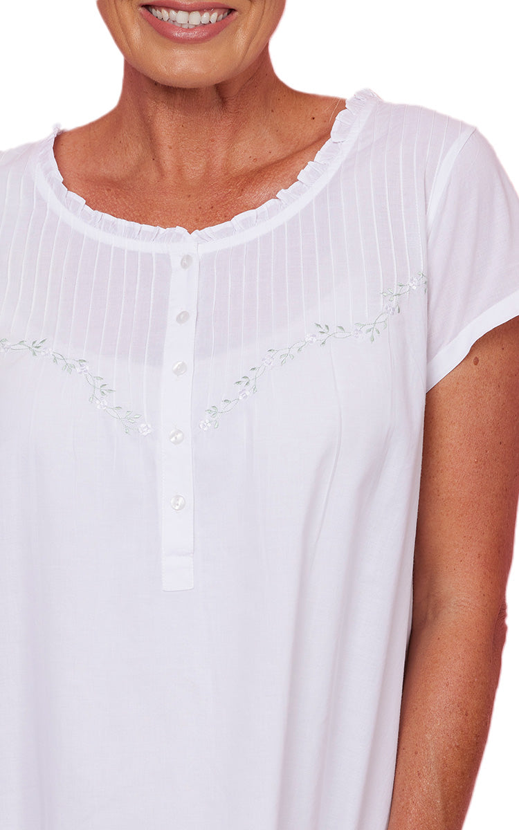French Country 100% Cotton Nightgown with Cap Sleeve in White FCD167
