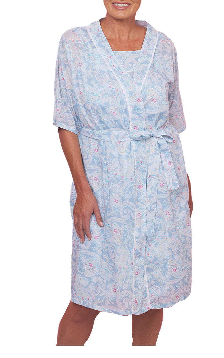 French Country 100% Cotton Short Sleeve Robe in Blue Vintage Paisley Print FCD175V