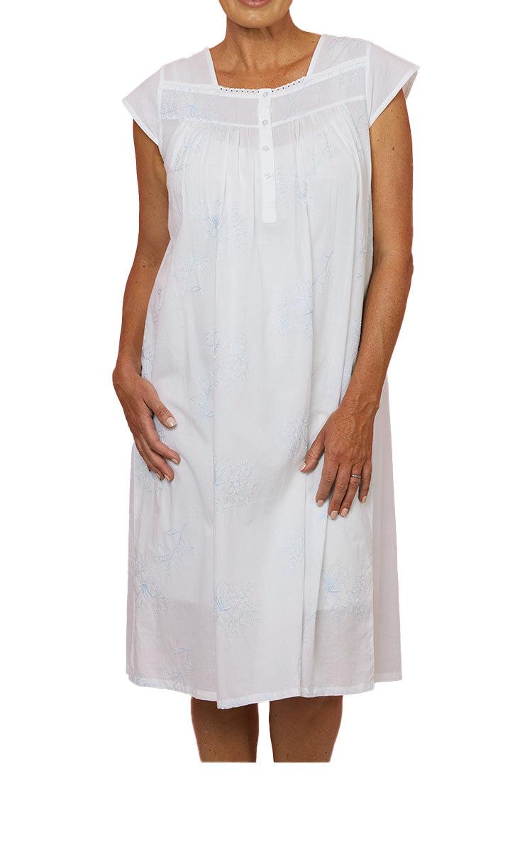 French Country 100% Cotton Voile Nightgown with Cap Sleeve in White with Blue Embroidery FCD192V