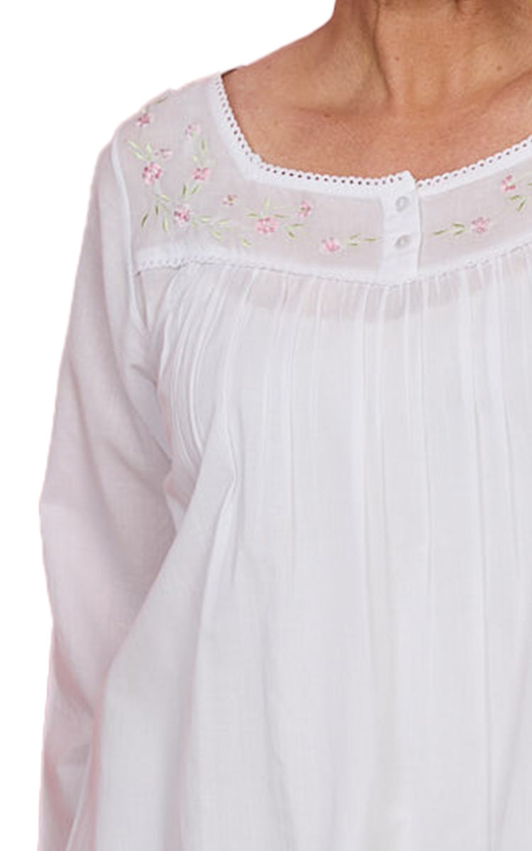 French Country 100% Cotton Nightgown with Long Sleeve in White FCE526