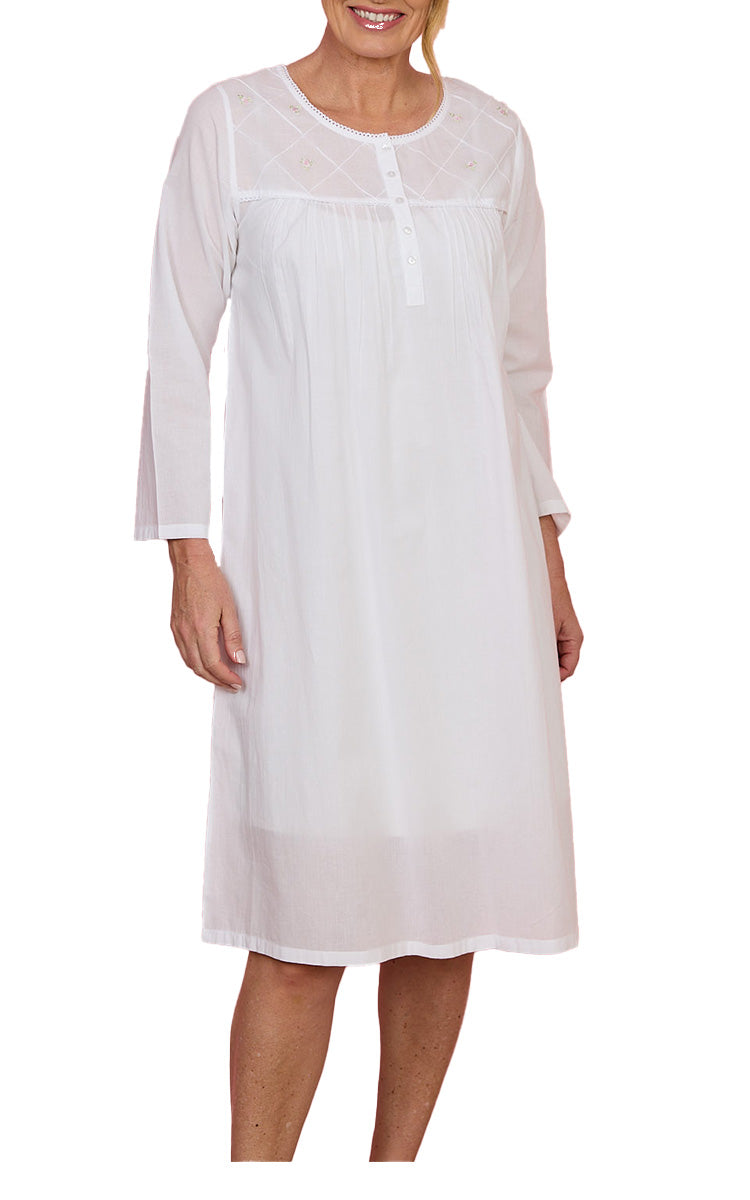 French Country 100% Cotton Nightgown with Long Sleeve in White FCE527