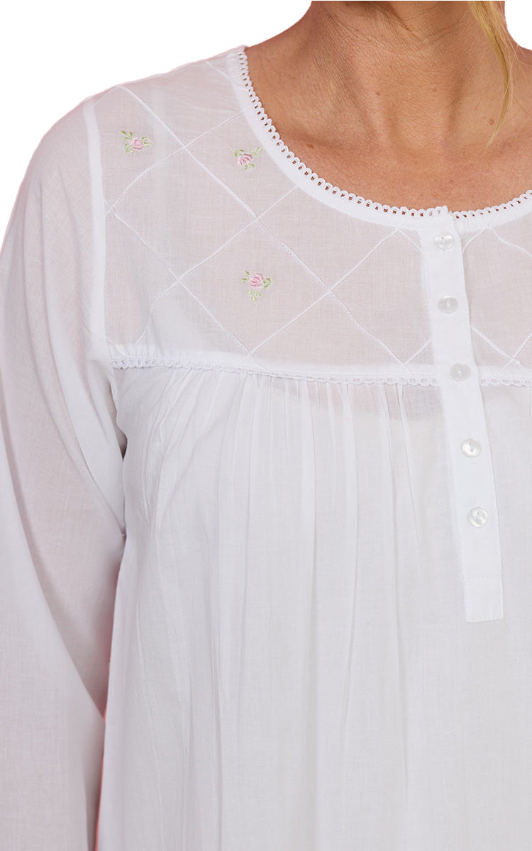 French Country 100% Cotton Nightgown with Long Sleeve in White FCE527