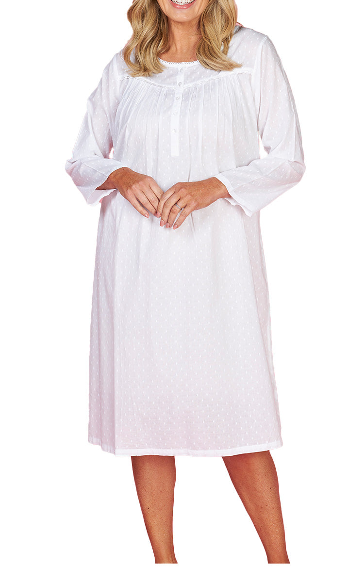 French Country 100% Cotton Nightgown with Long Sleeve in White FCE552