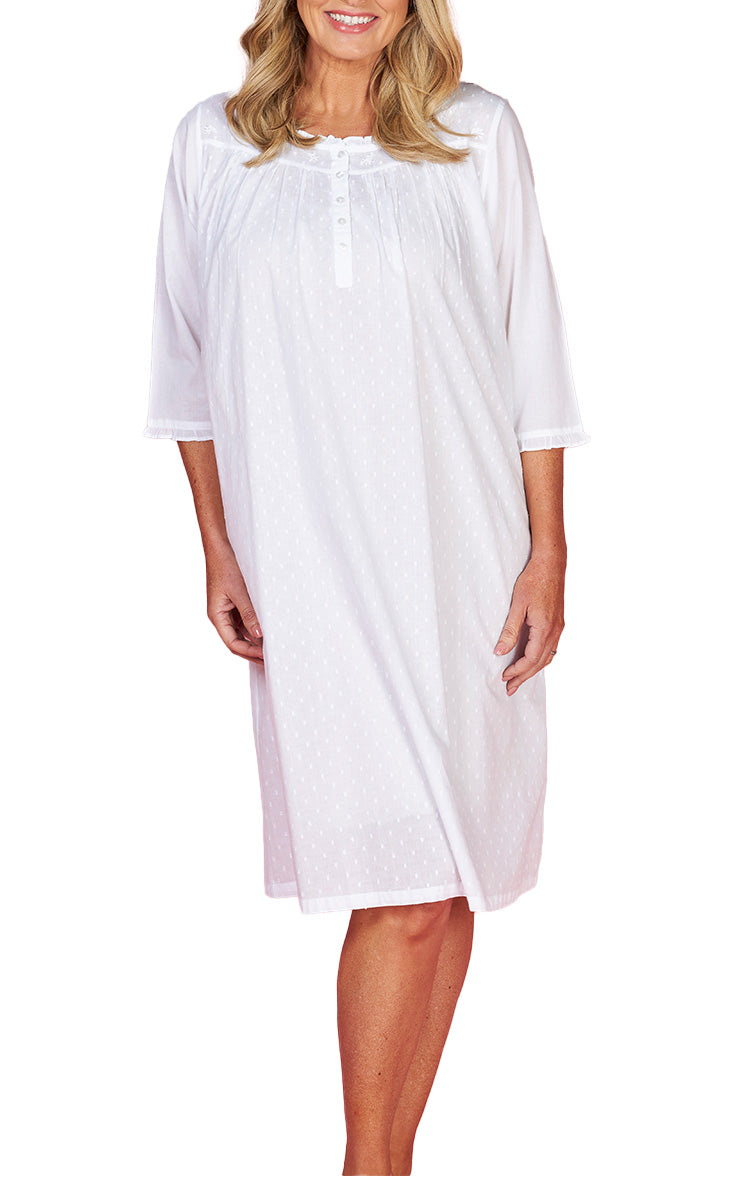 French Country 100% Cotton Nightgown with 3/4 Sleeve in White FCE553