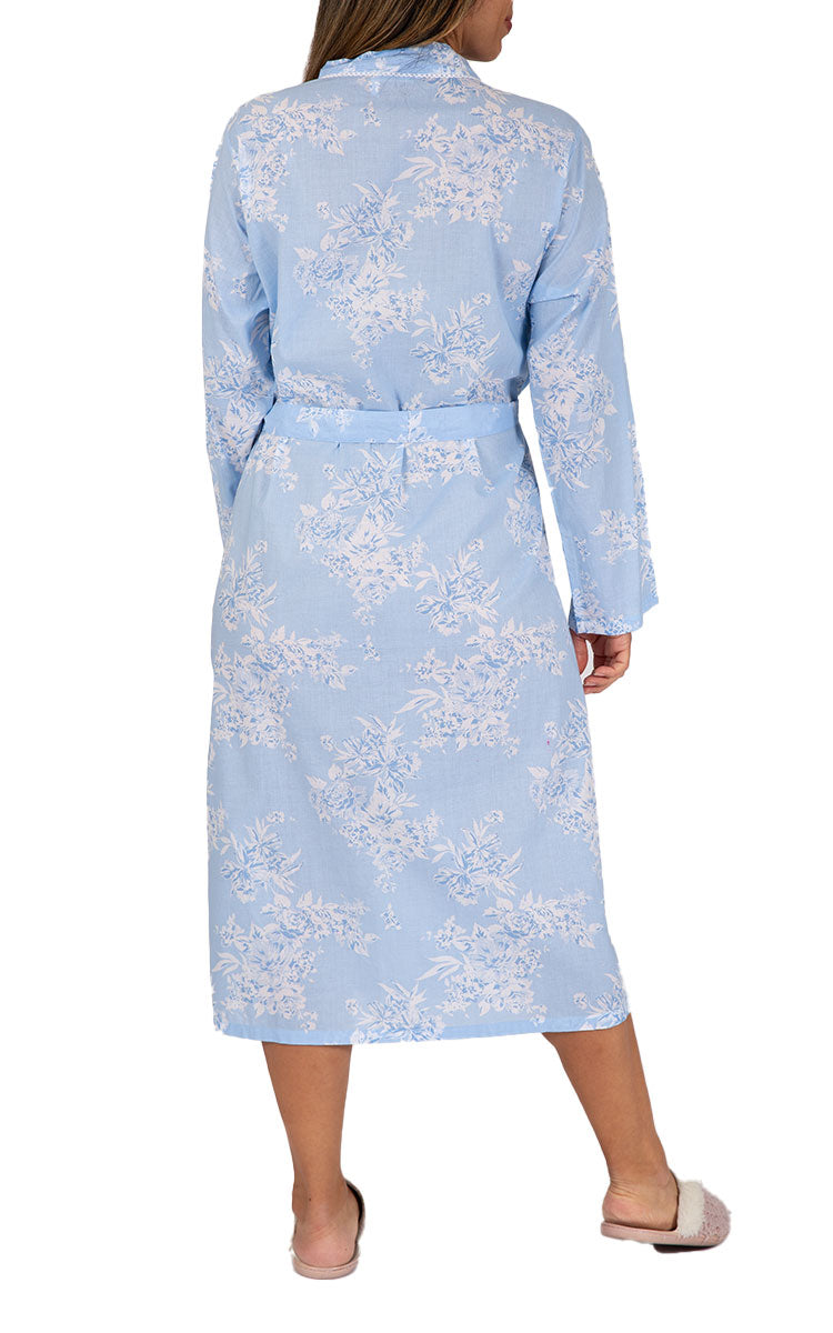 Woman Wearing French Country Cotton Robe in blue 