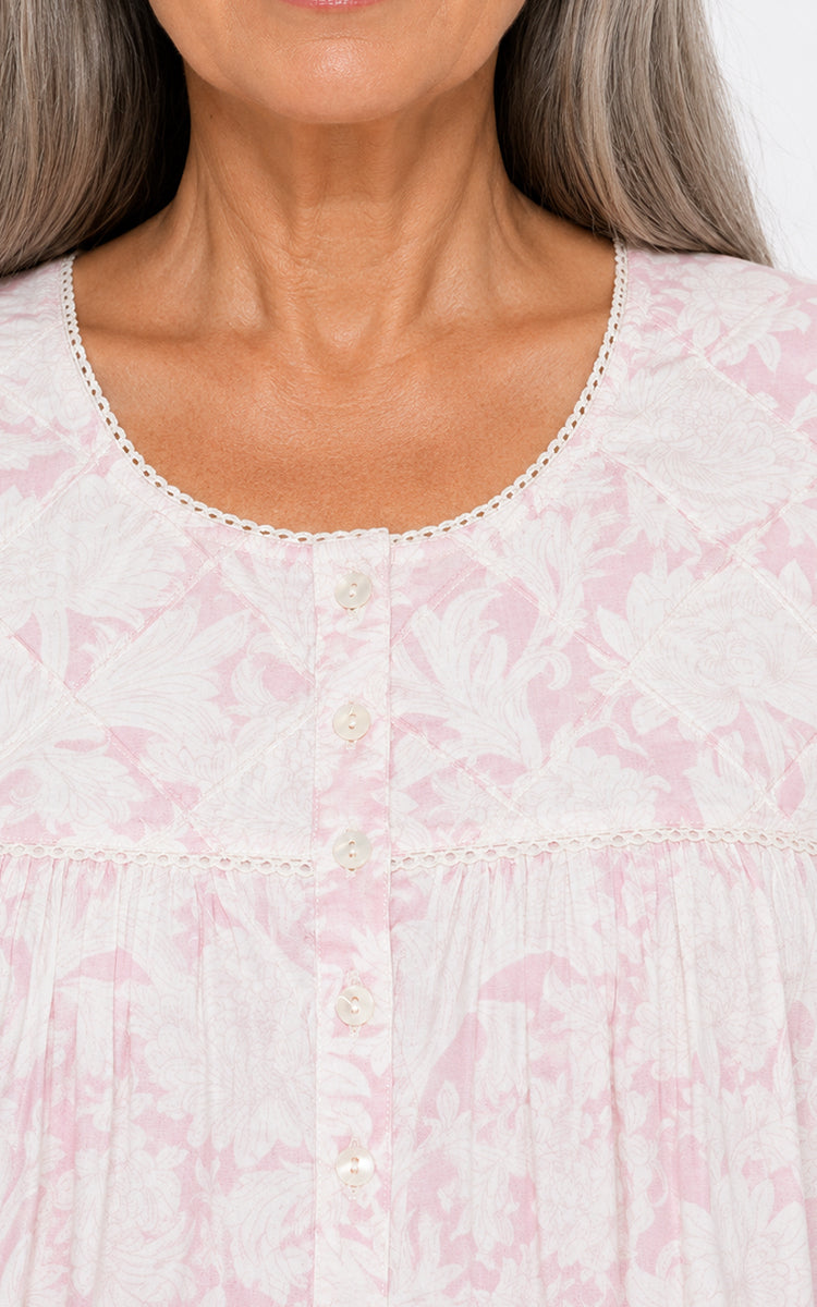 French Country 100% Cotton Nightgown with Long Sleeve in Toile Roses Pink FCC462