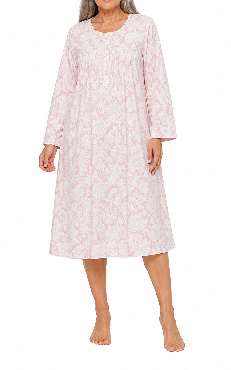 French Country 100% Cotton Nightgown with Long Sleeve in Toile Roses Pink FCC462