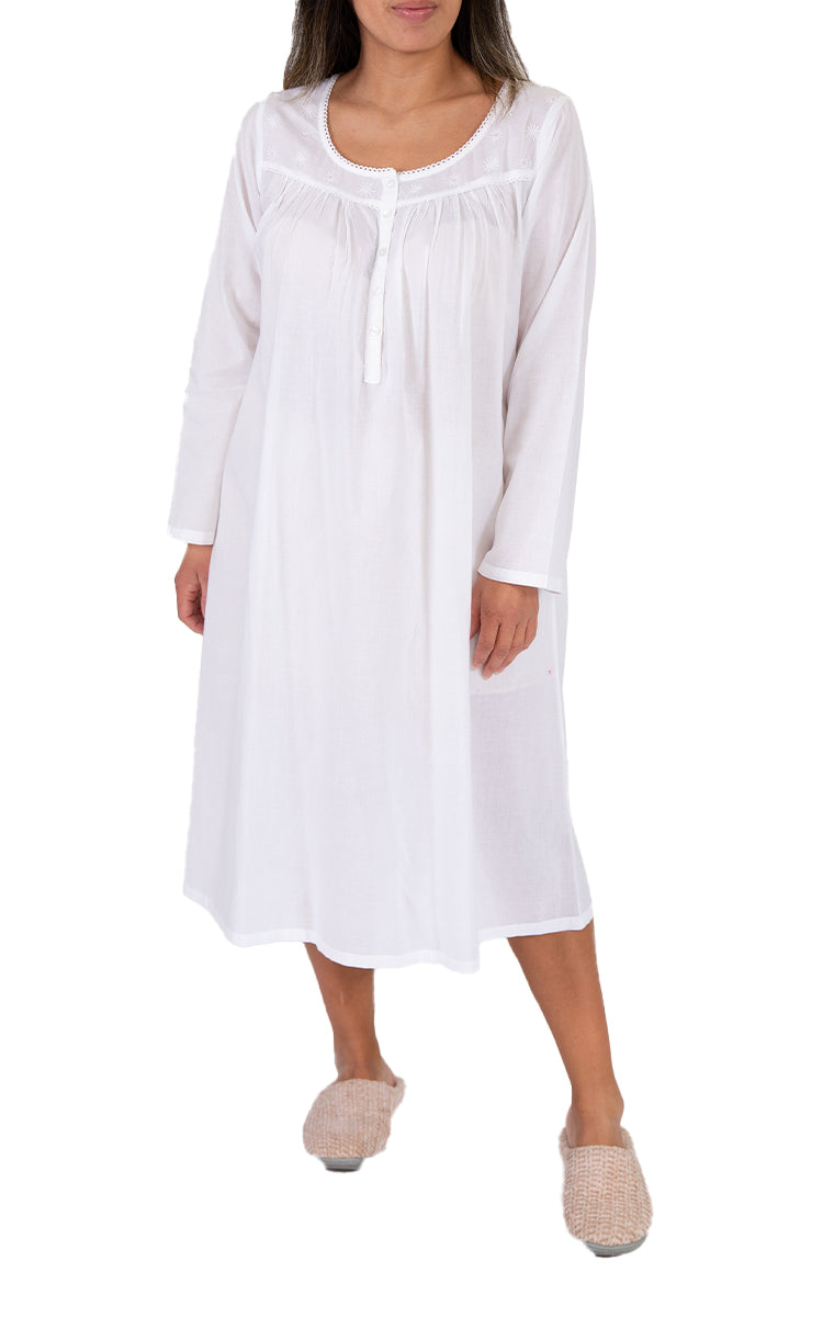French Country 100% Cotton Nightgown with Long Sleeve in White FCA550 SALE