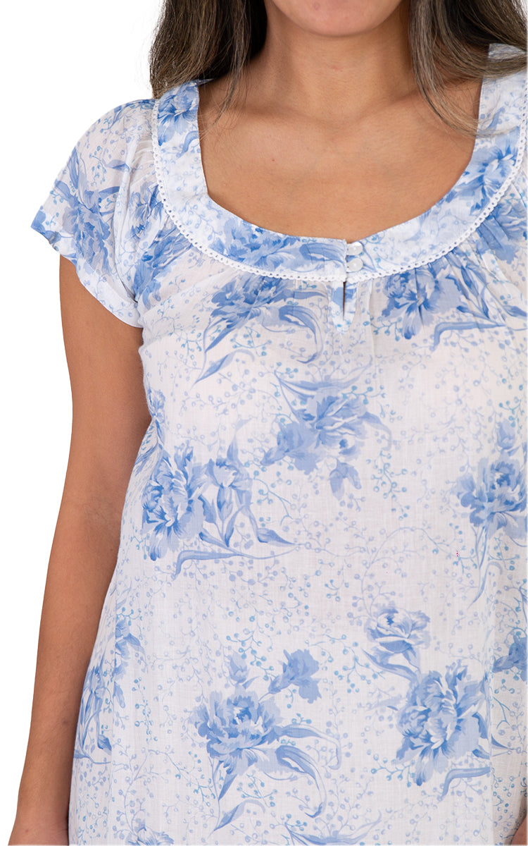 French Country 100% Cotton Nightgown with Cap Sleeve in Blue Peony FCB242V
