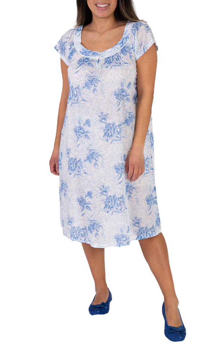 French Country 100% Cotton Nightgown with Cap Sleeve in Blue Peony FCB242V