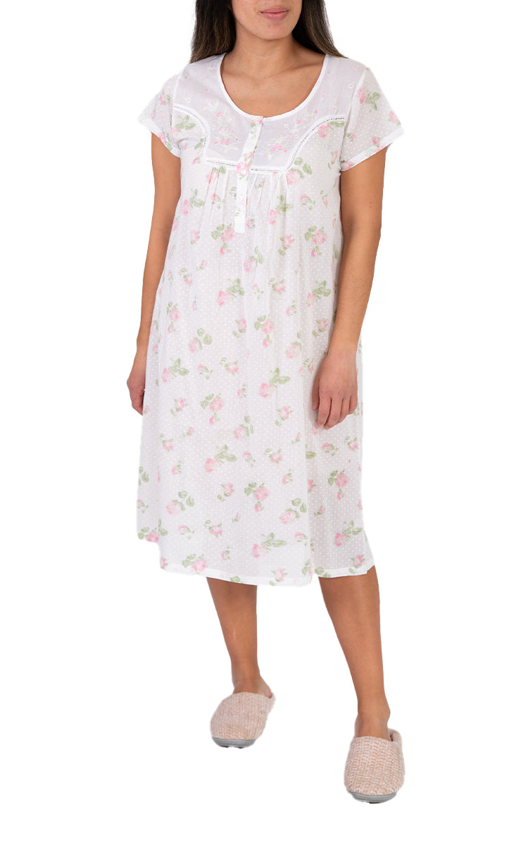 Woman wearing cotton nightie for summer with floral print. Sold online at natureswear