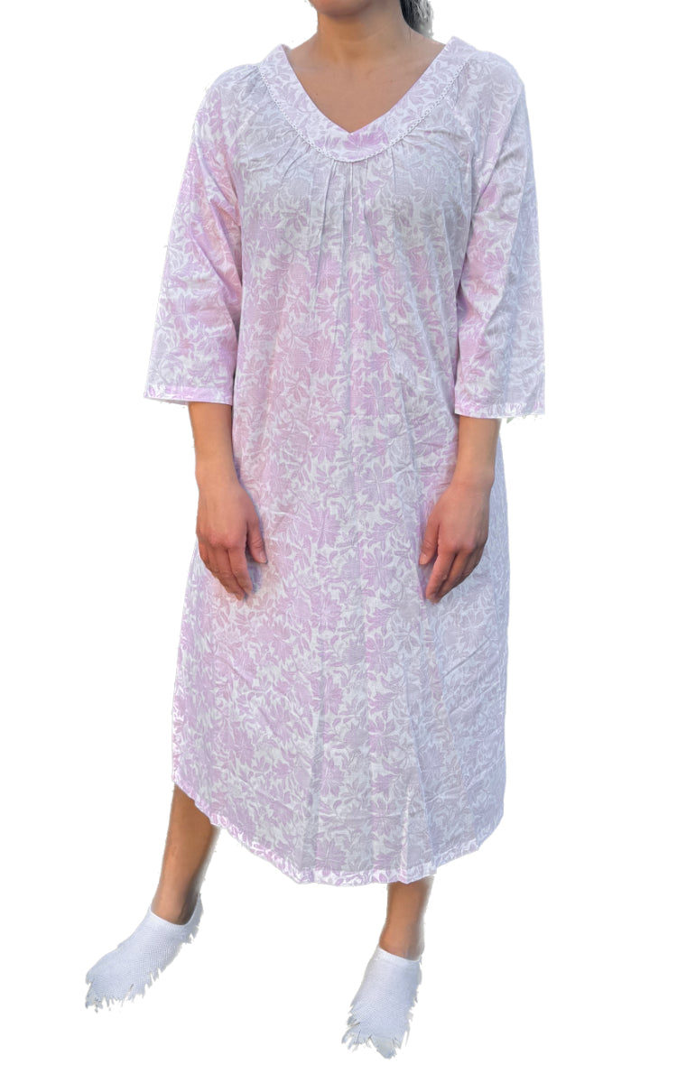 French Country 100% Cotton Nightgown with 3/4 Sleeve in Pink Banksia FCU304