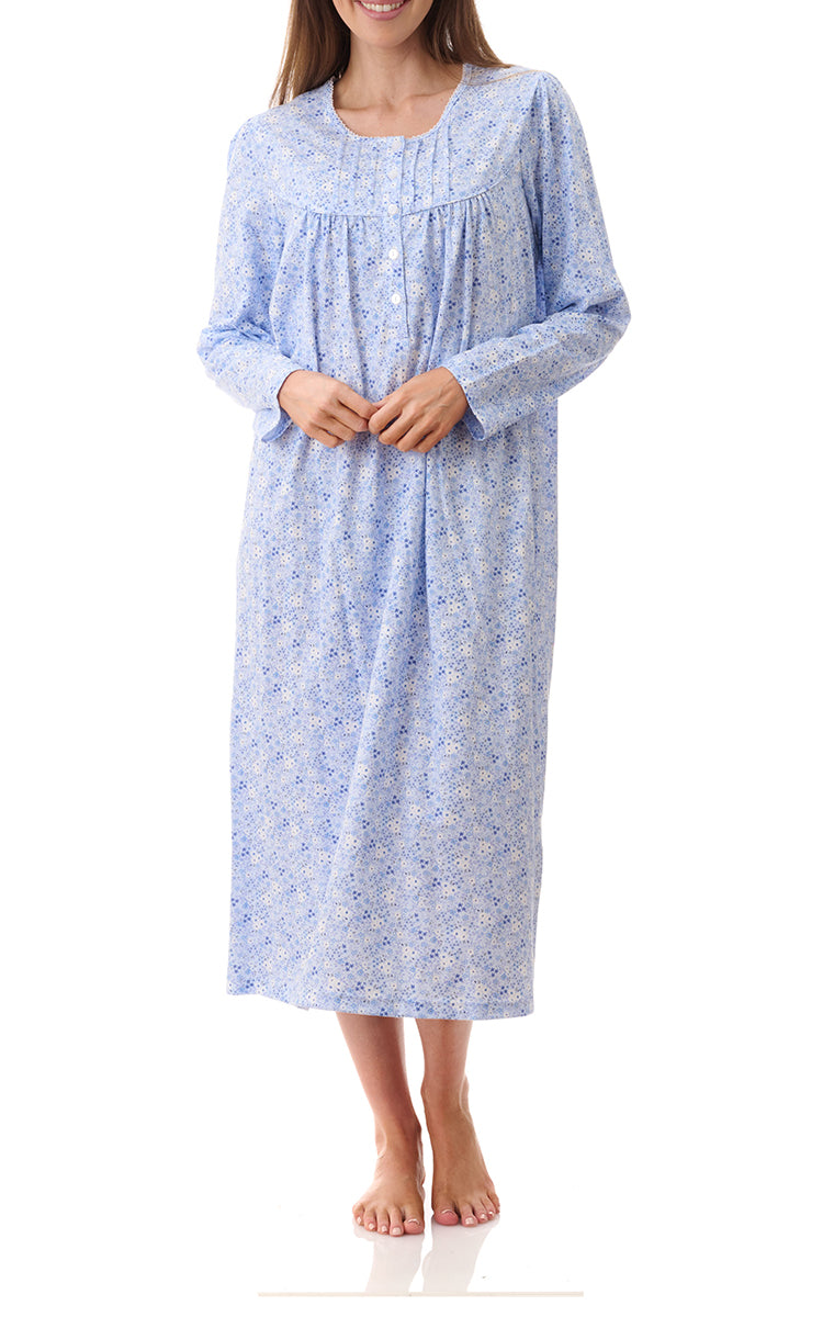 Givoni 100% Cotton Jersey Nightgown In Blue Floral Katie 7LP36K
