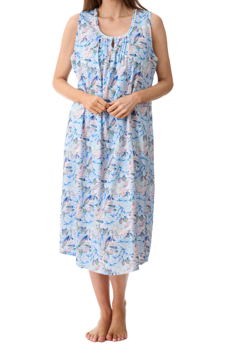 Givoni 100% Woven Cotton Sleeveless Nightgown In Bari Blue 8AC08B