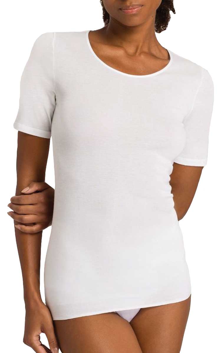 woman wearing hanro cotton tee shirt in white