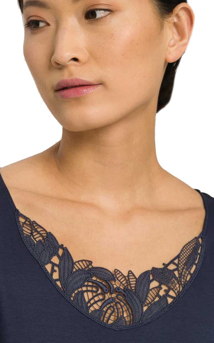 woman wearing hanro winter nightgown in blueberry