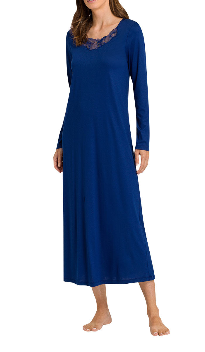 woman wearing hanro nightgown in space blue