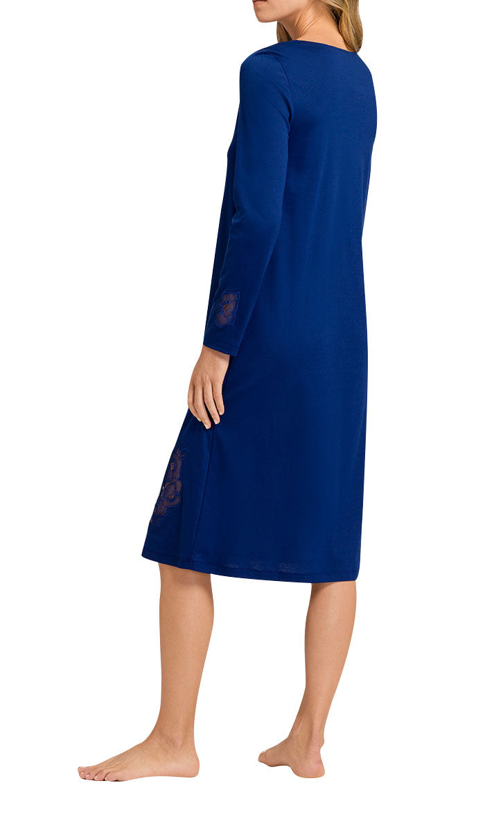 woman wearing hanro nightgown in space blue