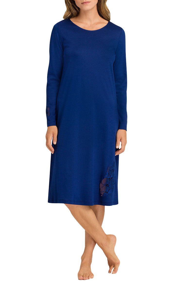 woman wearing hanro nightgown in space blue