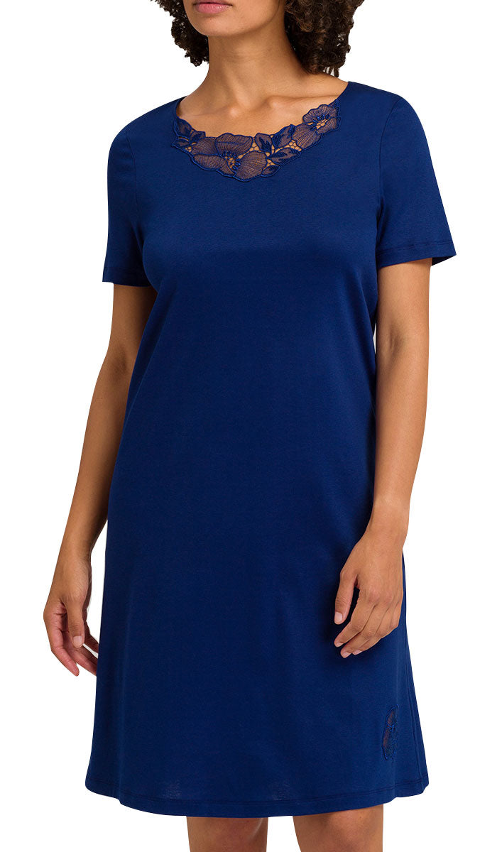 woman wearing hanro nightgown in space blue