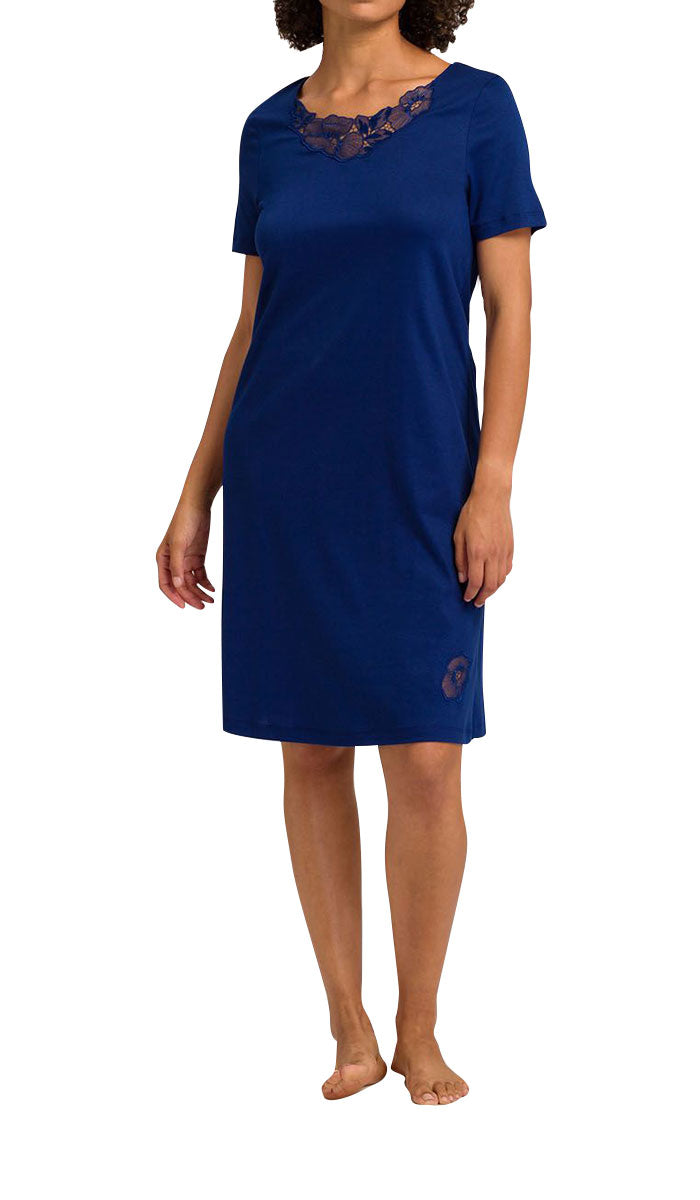 woman wearing hanro nightgown in space blue